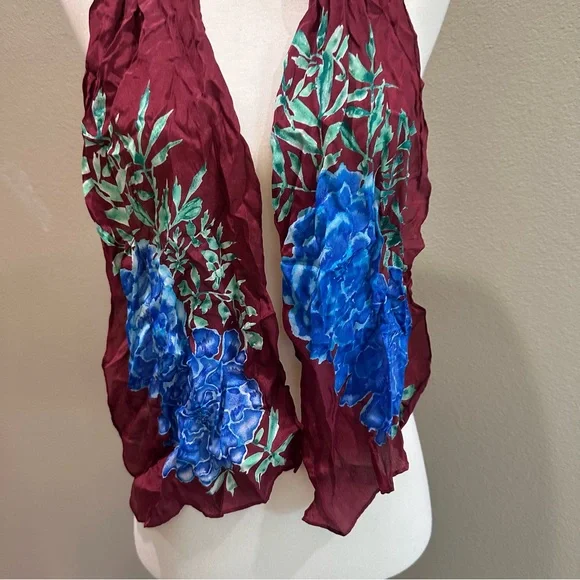 Elegant Floral Scarf in Burgundy and Blue Hydrangea Floral Silk - Picture 3 of 9